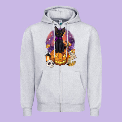 Halloween Black Cat Pumpkin Zipper Hoodie Designed By Barkaloodesign
