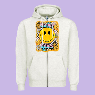 Happy Vibes Smiley Face Zipper Hoodie Designed By Barkaloodesign