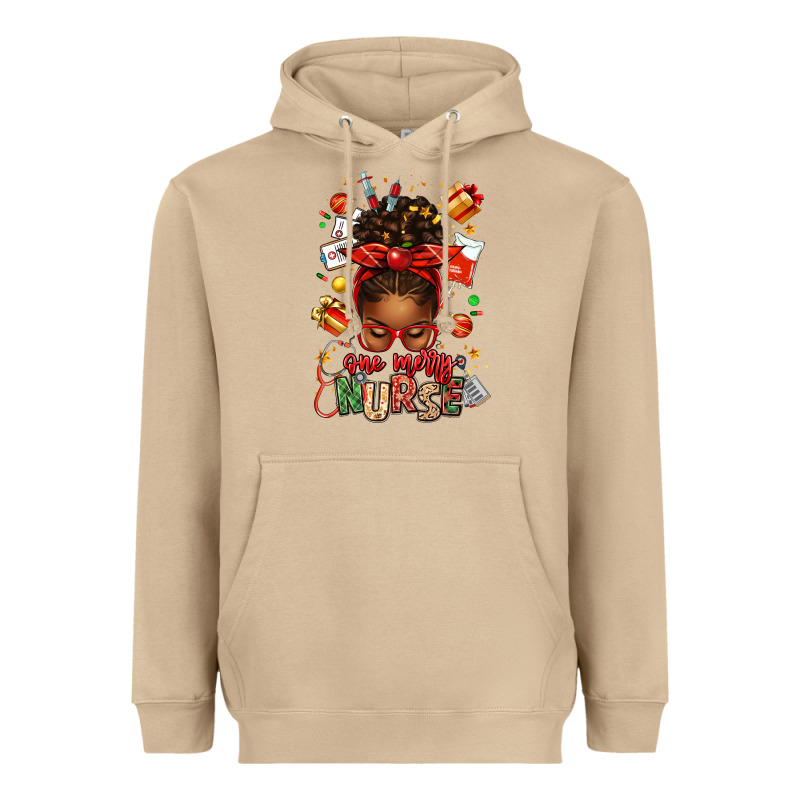 One Merry Nurse Afro Messy Bun Heavyweight Hoodie by texasbilliewilder | Teevron
