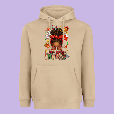 One Merry Nurse Afro Messy Bun Heavyweight Hoodie Designed By Texasbilliewilder