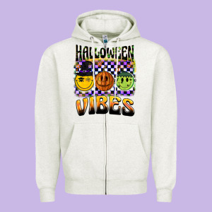 Halloween Vibes Smiley Face Zipper Hoodie Designed By Barkaloodesign
