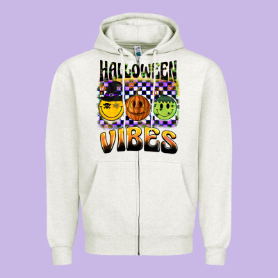 Halloween Vibes Smiley Face Zipper Hoodie Designed By Barkaloodesign