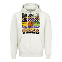Oatmeal Heather halloween vibes smiley face Zipper Hoodie - BarkalooDesign
