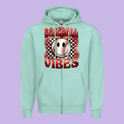 Baseball Vibes Smiley Face Zipper Hoodie Designed By Barkaloodesign