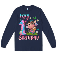 Navy my 1 st birthday with little cute cow Long Sleeve Tee - NancyCooperArtShop