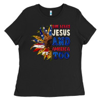 Black She loves Jesus and America too 4th of july Ladies Tee - CowGirlArtShop