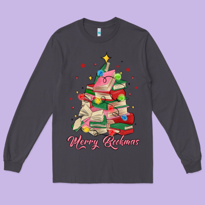 Merry Bookmas Christmas Book Tree Long Sleeve Tee Designed By Maliassmallbusiness