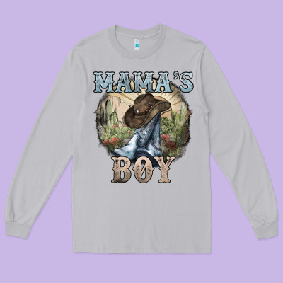 Mamas Boy Western Cowboy Boots Cactus Long Sleeve Tee Designed By Nancycooperartshop
