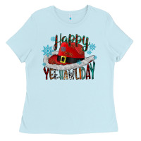 Baby Blue happy yeehawliday Ladies Tee - CowhideDigitalArt
