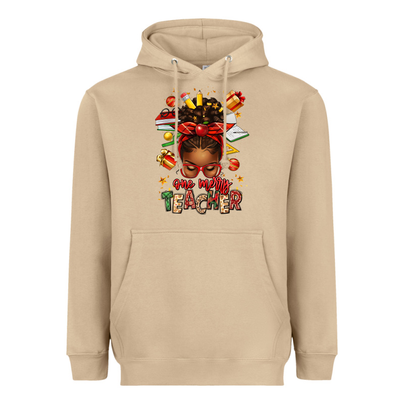 One Merry Teacher Afro Messy Bun Heavyweight Hoodie by texasbilliewilder | Teevron