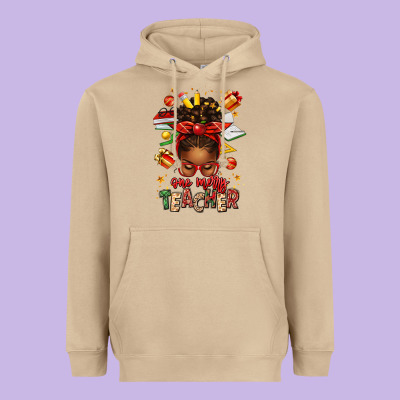 One Merry Teacher Afro Messy Bun Heavyweight Hoodie Designed By Texasbilliewilder