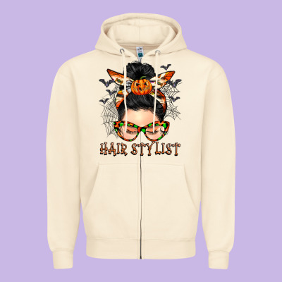 Hair Stylist Messy Bun Zipper Hoodie Designed By Barkaloodesign