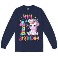 Navy my 1 st birthday with little cute unicorn Long Sleeve Tee - NancyCooperArtShop