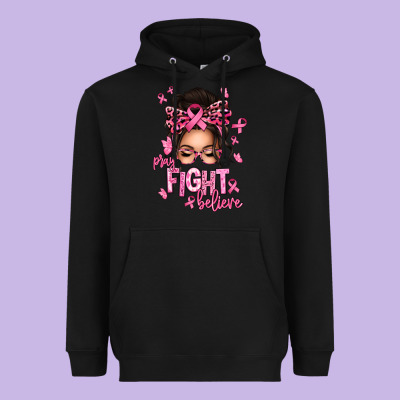 Pray Fight Believe Breast Cancer Afro Messy Bun Heavyweight Hoodie Designed By Texasbilliewilder