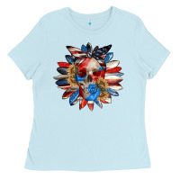 Baby Blue 4th of July sunflower skull 4th of july Ladies Tee - CowGirlArtShop