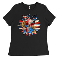 Black 4th of July sunflower skull 4th of july Ladies Tee - CowGirlArtShop