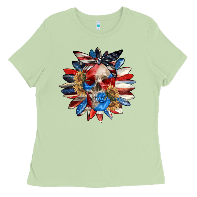 4th Of July Sunflower Skull 4th Of July Ladies Tee by CowGirlArtShop | Teevron