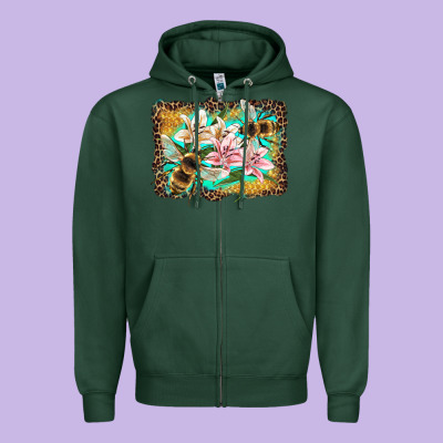 Bees And Lilies With Leopard Zipper Hoodie Designed By Artiststas