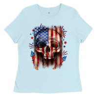 Baby Blue 4th of July skull American flag Ladies Tee - Neo Western