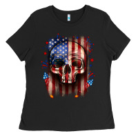 Black 4th of July skull American flag Ladies Tee - Neo Western
