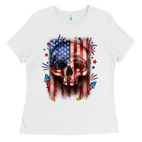 White 4th of July skull American flag Ladies Tee - Neo Western