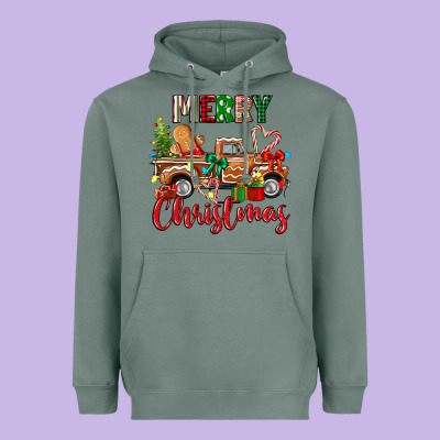 Merry Christmas Gingerbread Truck Heavyweight Hoodie Designed By Texasbilliewilder