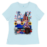 Baby Blue 4th of July gnomes truck Ladies Tee - CowGirlArtShop