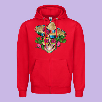 Mexican Skull Sombrero Roses Cactus Serape Zipper Hoodie Designed By Artiststas
