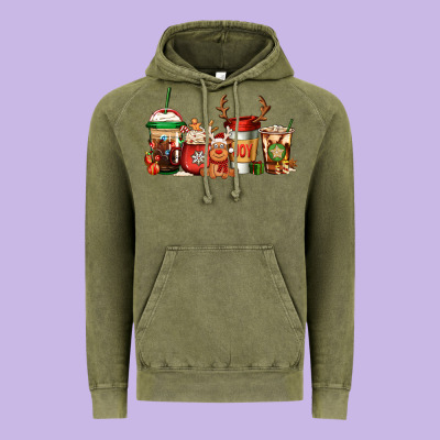 Reindeer Christmas Coffee Cups Vintage Hoodie Designed By Jasminsmagicworld