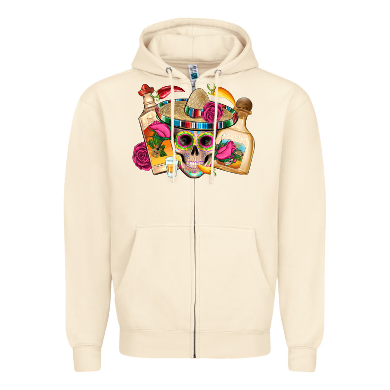 Mexican Skull Sombrero Tequila Bottle Paper Roses Zipper Hoodie by Artiststas | Teevron