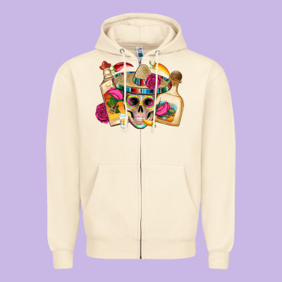 Mexican Skull Sombrero Tequila Bottle Paper Roses Zipper Hoodie Designed By Artiststas