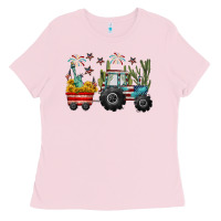 Bubblegum Pink 4th of july tractor Ladies Tee - CowGirlArtShop