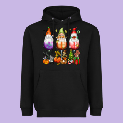 Hallothanksmas Wine Glasses And Gnomes Heavyweight Hoodie Designed By Texasbilliewilder