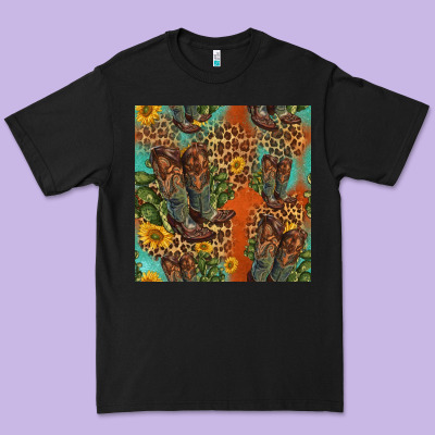 Western Boots And Sunflowers Seamless Pattern Premium Tee Designed By Hra Design Shop