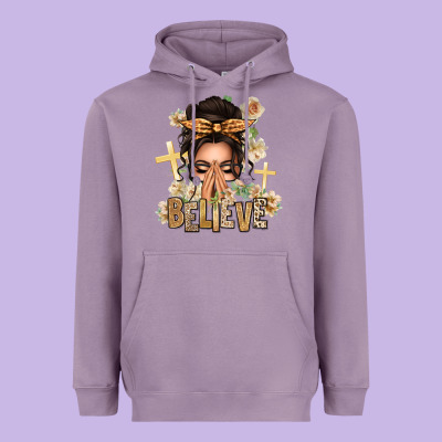 Believe Praying Caucasian Messy Bun Heavyweight Hoodie Designed By Texasbilliewilder