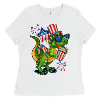 White 4th of July T-Rex Ladies Tee - CowGirlArtShop