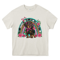 Cream dachshund dog pink  floral rainbow Heavy Core Tee - BarkalooDesign