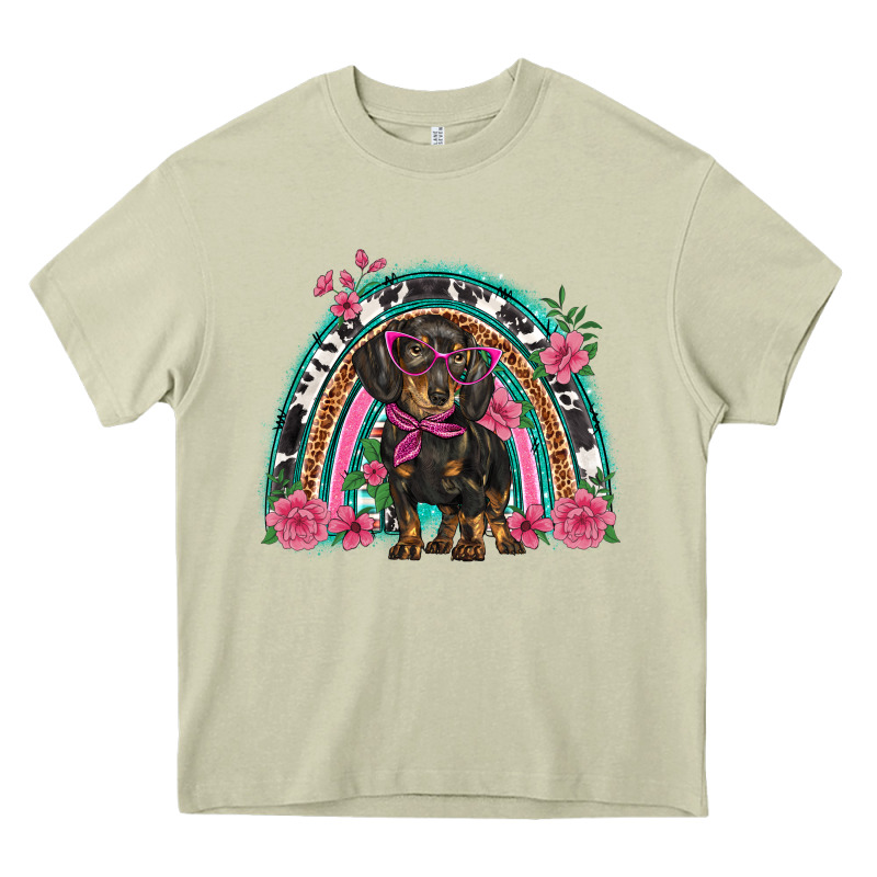 Dachshund Dog Pink  Floral Rainbow Heavy Core Tee by BarkalooDesign | Teevron