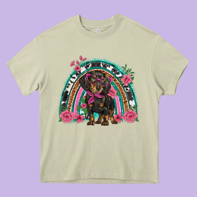 Dachshund Dog Pink  Floral Rainbow Heavy Core Tee Designed By Barkaloodesign