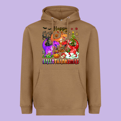 Happy Hallothanksmas Dinosaur Heavyweight Hoodie Designed By Texasbilliewilder