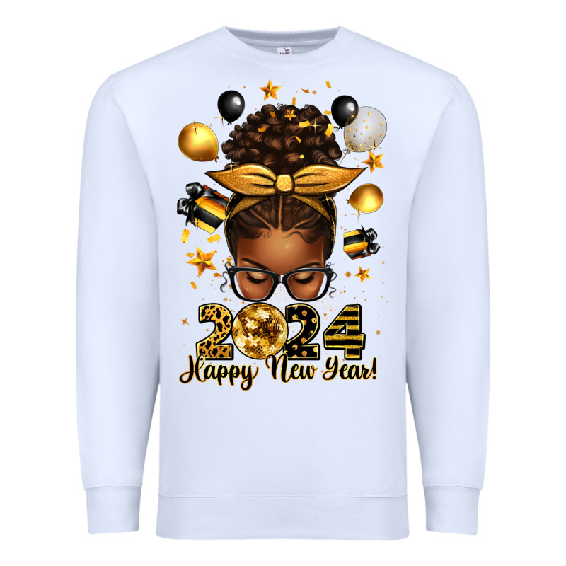 2024 Happy New Year  Afro Messy Bun Premium Sweatshirt by texasbilliewilder | Teevron