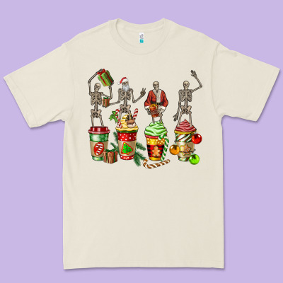 Christmas Skeleton Coffee Cups Premium Tee Designed By Fadigitalartstudio