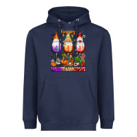 Navy Happy Hallothanksmas wine glasses and gnomes Heavyweight Hoodie - texasbilliewilder