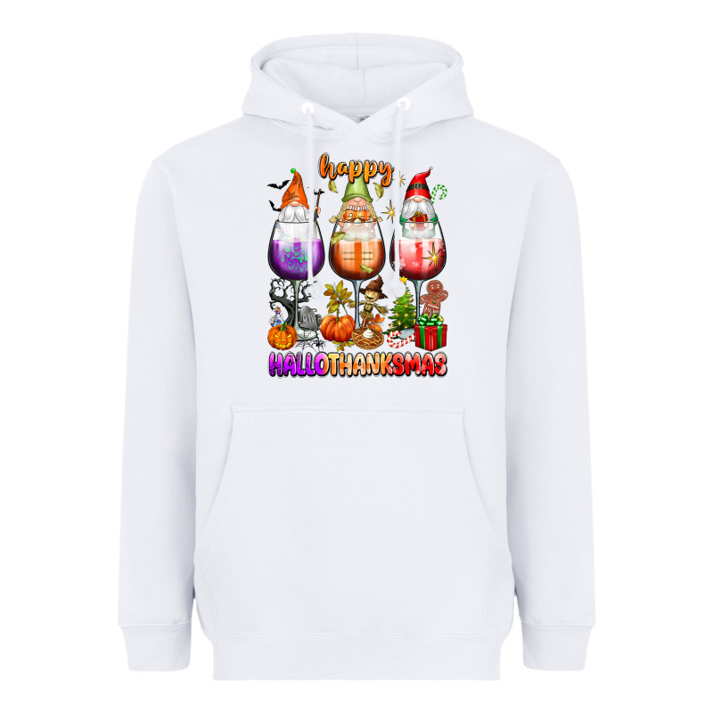 Happy Hallothanksmas Wine Glasses And Gnomes Heavyweight Hoodie by texasbilliewilder | Teevron