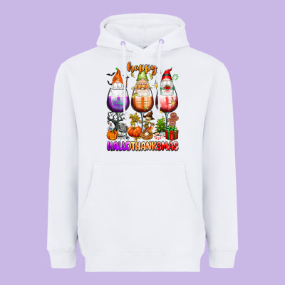 Happy Hallothanksmas Wine Glasses And Gnomes Heavyweight Hoodie Designed By Texasbilliewilder