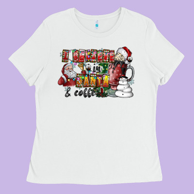 I Believe In Santa And Coffee Ladies Tee Designed By Cowhidedigitalart