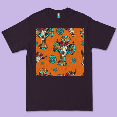 Western Cross And Bull Skull Seamless Pattern Premium Tee Designed By Hra Design Shop