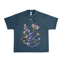Midnight Navy floral stethoscope Urban Heavy Tee - MaliasSmallBusiness