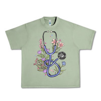 Oil Green floral stethoscope Urban Heavy Tee - MaliasSmallBusiness