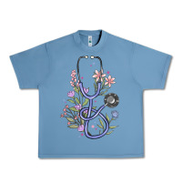 Pebble Blue floral stethoscope Urban Heavy Tee - MaliasSmallBusiness